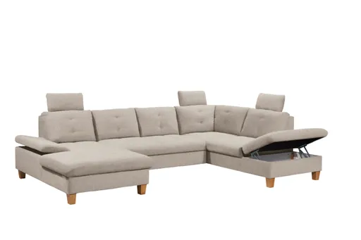 Wohnlandschaft - Ecke links, 2-Sitzer, Longchair rechts inkl. Schlaffunktion mit Bettkasten, Stoff, Hellgrau