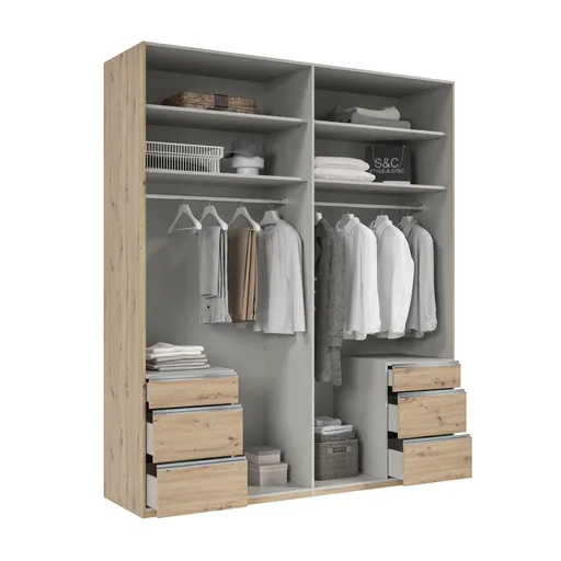 Drehtürenschrank- B ca. 200 cm, Eiche Dekor, Weiß, Spiegel