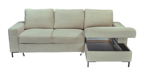 Ecksofa - 2-Sitzer, Ecke rechts inkl. Schlaffunktion und Bettkasten, Stoff, Creme
