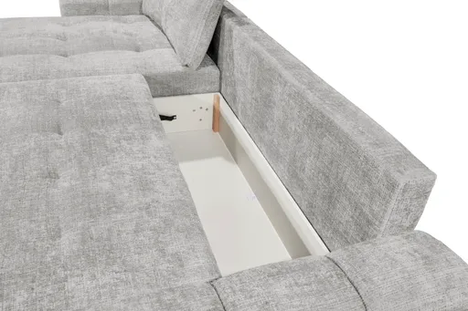 Ecksofa - Longchair links mit 2-Sitzer, Schlaffunktion mit Bettkasten, Stoff, Silbergrau