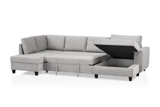 Wohnlandschaft - Longchair links, 2-Sitzer, Ecke rechts inkl. Schlaffunktion mit Bettkasten, Stoff, Hellgrau
