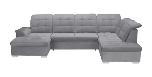 Wohnlandschaft - Longchair links, 1,5-Sitzer, Ecke rechts inkl. Schlaffunktion und Bettkasten, verstellbare Kopfstützen, Stoff, Grau
