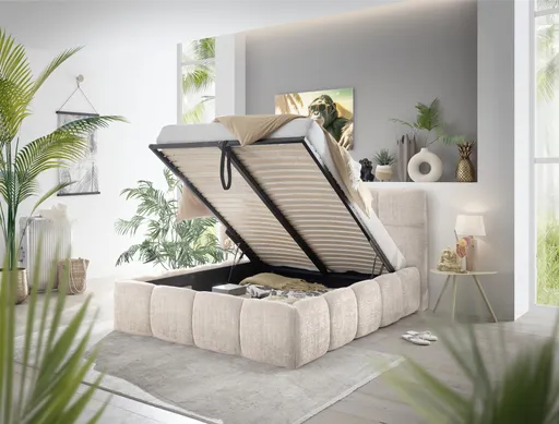 Bettgestell SANDRIN R- Liegefläche ca. 140x200 cm, Stoff, Creme, inkl Latterost und Stauraum