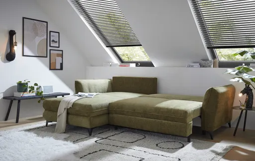 Ecksofa - Longchair links mit 2-Sitzer, Schlaffunktion mit Bettkasten, Stoff, Moosgrün