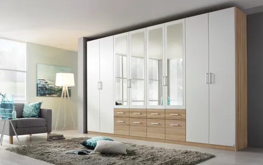 Drehtürenschrank- B ca. 361 cm, Eiche Dekor, Weiß, Spiegel