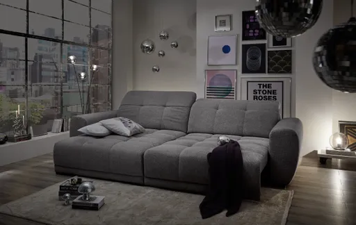 Ecksofa - Longchair links mit 2-Sitzer, Kopfteil verstellbar, Sitztiefe verstellbar motorisch, Stoff, Anthrazit
