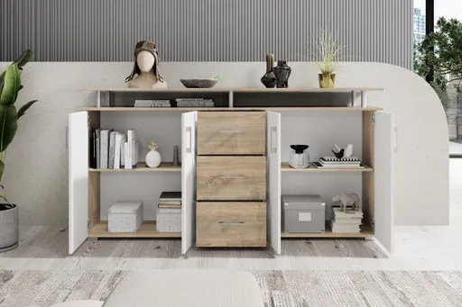 Highboard - B ca. 178 cm, Sonoma Eiche Nachbildung, Weiß