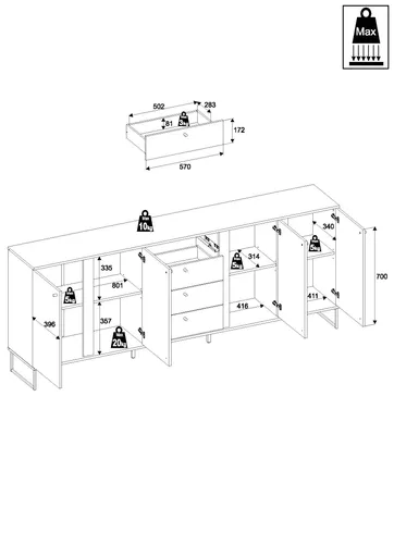 Sideboard - B ca. 225 cm, Anthrazit, Evoke Eiche Nachbildung