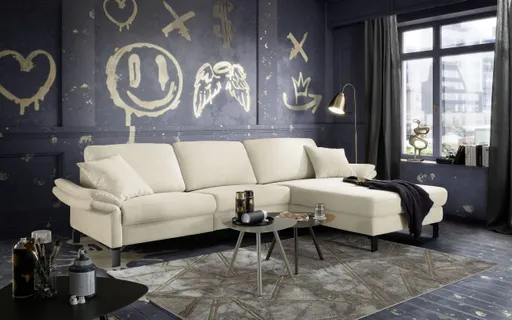 Ecksofa CALM PREMIUM 2.0 - 3-Sitzer mit Longchair rechts, Relaxfunktion motorisch, Armlehne verstellbar, Stoff, Natur