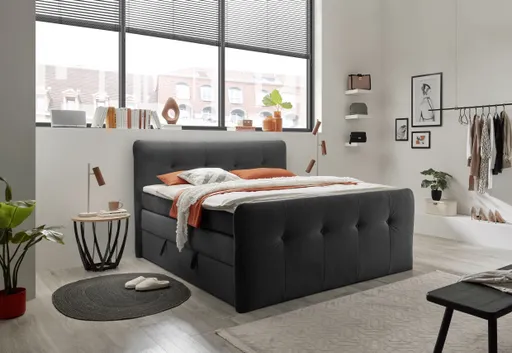 Boxspringbett HOLLIE- Liegefläche ca. 180x200 cm, Stoff, Anthrazit, inkl. Topper