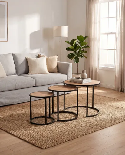 Beistelltisch - 3er Set, Eiche Dekor, Schwarz