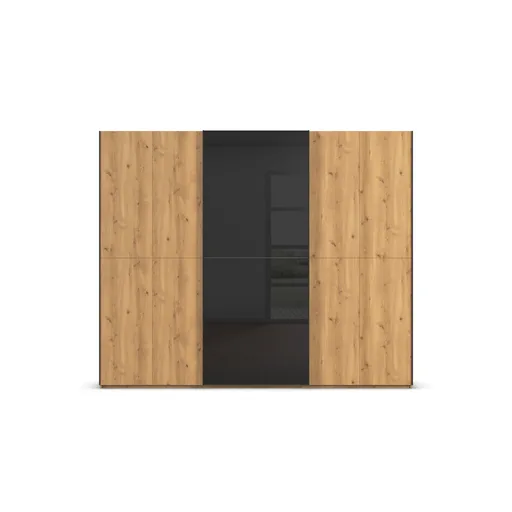 Schwebetürenschrank - B. ca. 271 cm, Front Asteiche massiv, Mitteltür Farbglas Schwarz