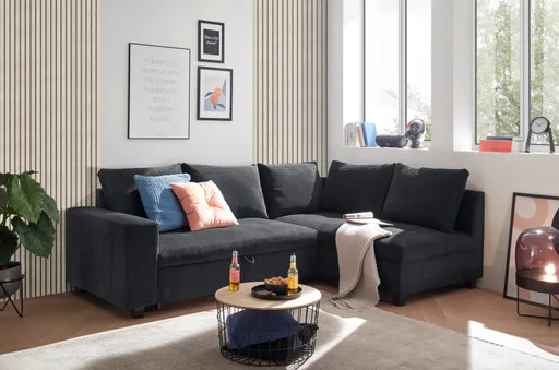 Ecksofa - 2-Sitzer mit Ecke rechts, Schlaffunktion, Cord, Schwarz