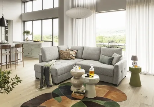 Ecksofa EDWIN - 2-Sitzer, Ecke rechts inkl. Schlaffunktion und Bettkasten, Stoff, Taupe