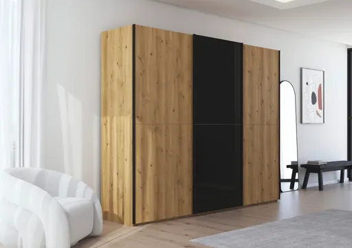 Schwebetürenschrank - B. ca. 271 cm, Front Asteiche massiv, Mitteltür Farbglas Schwarz