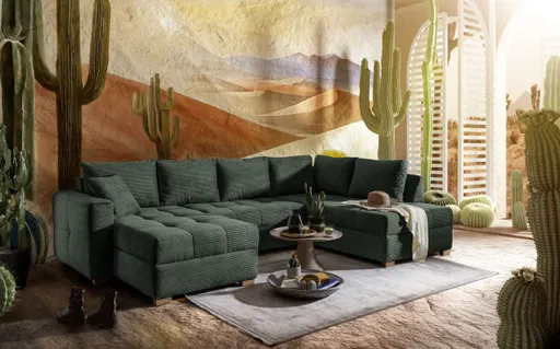 Wohnlandschaft JOSY - Longchair links, 1,5-Sitzer, Ecke rechts inkl. Schlaffunktion mit Bettkasten, Stoff, Grün