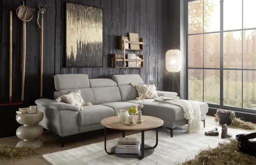 Ecksofa EZRA - 2-Sitzer, Ecke rechts inkl. Kopfteilverstellungen, Relaxfunktion im Longchair, Stoff, Taupe