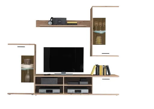 Wohnwand - mit Beleuchtung, Weiß, Eiche Dekor