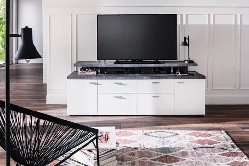 TV-Lowboard - B ca. 180 cm, Weiß, Stone dunkel Nachbildung