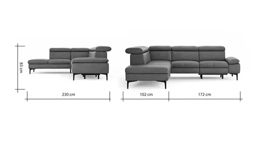 Ecksofa Felipa - Ecke links mit 2,5-Sitzer inkl. Armlehne verstellbar und Rückenlehne/Sitztiefe verstellbar (motorisch), Leder, Grau