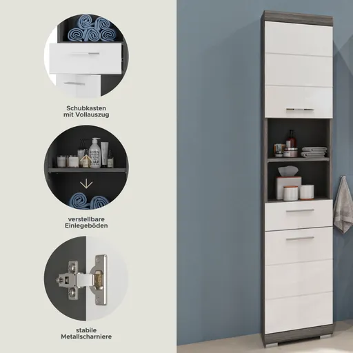 Hochschrank - B ca. 37 cm, Rauchsilber, Weiß Hochglanz