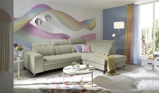 Ecksofa -2-Sitzer mit Ecke rechts, Kopfteil verstellbar, Sitztiefe verstellbar motorisch, Stoff, Perlmutt