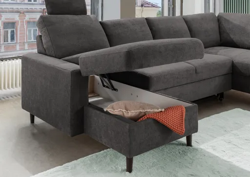 Wohnlandschaft - Longchair mit 2-Sitzer und Ecke rechts, Liegefunktion, Stoff, Anthrazit