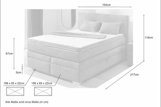 Boxspringbett JEANETTE- Liegefläche ca. 140x200 cm, Stoff, Grau