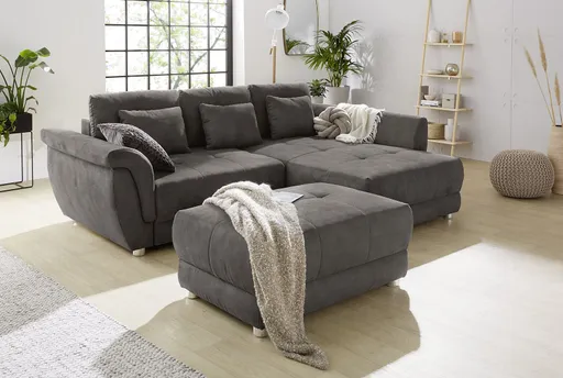 Polsterecke - 1,5-Sitzer, Longchair rechts inkl. Schlaffunktion mit Bettkasten, 3 Rückenkissen und 3 Nierenkissen, Stoff Grau