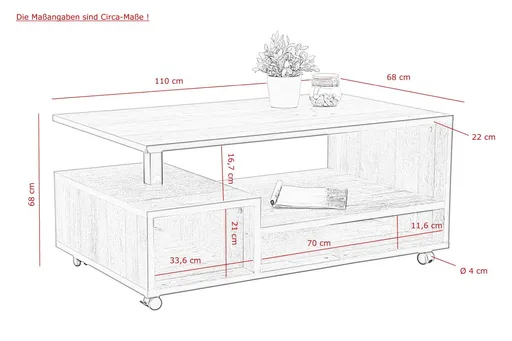 Couchtisch - LB ca. 106x42 cm,  Vintage Dekor
