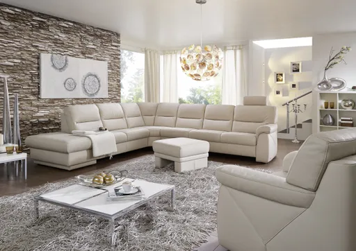 Wohnlandschaft EM St. Gallen - Hocker links, Relax-Eckteil, 3-Sitzer rechts, Leder, Natur