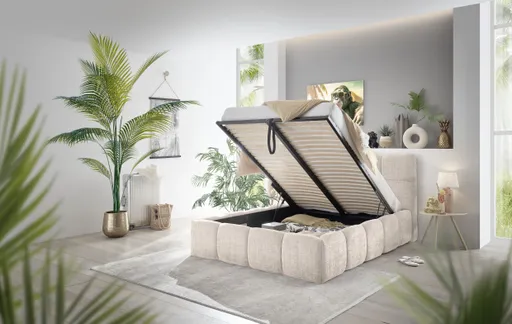 Bettgestell SANDRIN R- Liegefläche ca. 140x200 cm, Stoff, Creme, inkl Latterost und Stauraum