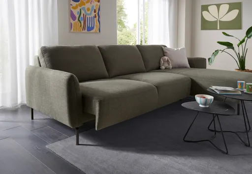 Ecksofa Leona - 3-Sitzer mit Longchair rechts inkl. Sitzvorzug motorisch, Stoff, Braungrün