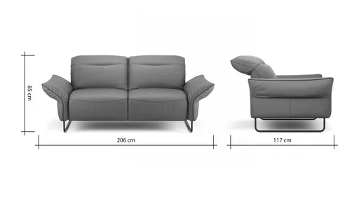 Sofa Victoria - 2-Sitzer inkl. Kopfstütze/Armlehne verstellbar, Leder, Grau