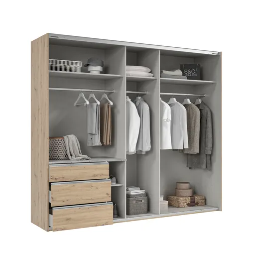 Schwebetürenschrank- B ca. 250 cm, Eiche Dekor, Weiß, Spiegel