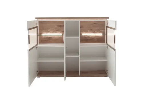 Highboard mit Beleuchtung - Weiß, Absetzung Eiche