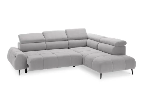 Ecksofa - 2-Sitzer mit Ecke rechts, Sitzvorzug motorisch, Kopfteil verstellbar, Stoff, Hellgrau