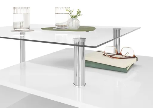 Couchtisch - LB ca. 110x60 cm, Glas, Edelstahloptik, Weiß Hochglanz