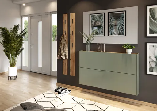 Schuhschrank GIANNA - B ca. 140 cm, Taupegrün, Navarra Eiche Nachbildung