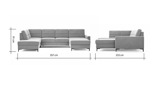 Wohnlandschaft Merlos H - Ecke links mit 2,5-Sitzer und Longchair rechts inkl. Relaxfunktion (motorisch), Stoff, Grau