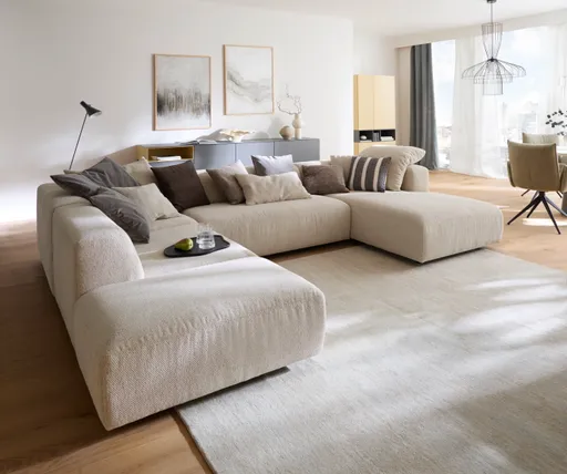 Ecksofa Caruso - Ecke links, 2-Sitzer, Longchair rechts, Stoff, Ecru