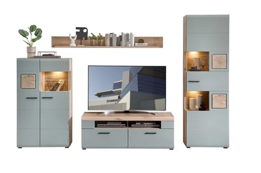 TV-Lowboard - B ca. 140 cm, Schilfgrün, Viking Eiche Nachbildung