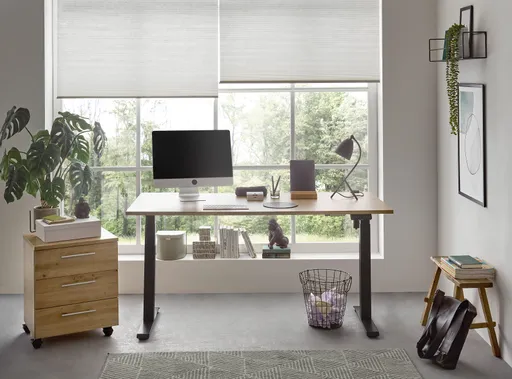 Schreibtisch - höhenverstellbar, LB ca. 137x68 cm, Eiche Dekor, Stahl, Schwarz