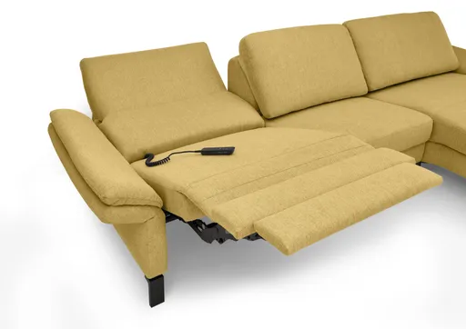 Ecksofa CALM PREMIUM 2.0 - 3-Sitzer mit Longchair rechts, Relaxfunktion motorisch, Armlehne verstellbar, Stoff, Kurkuma