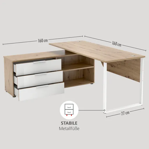 Winkelschreibtisch - LB ca. 180x160 cm, Artisan Eiche Nachbildung, Weiß