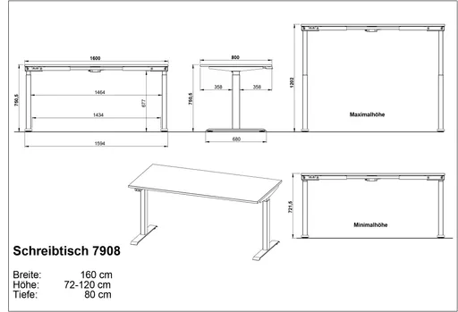 Schreibtisch GELI - höhenverstellbar, LB ca. 160x80 cm, Kaschmir, Schwarz