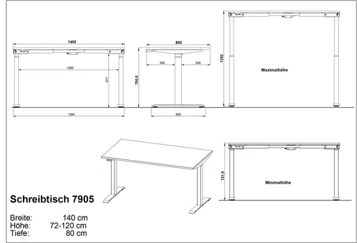 Schreibtisch GELI - höhenverstellbar, LB ca. 140x80 cm, Graphit, Weiß