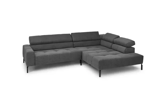Ecksofa COLLEEN - 2-Sitzer mit Ecke rechts, Kopfteil verstellbar, Feincord, Anthrazit