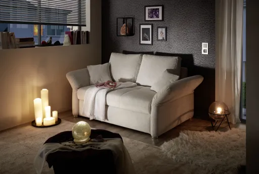 Sofa JORDEN - 1,5-Sitzer inkl. Schlaffunktion mit Bettkasten, verstellbare Armlehnen, Stoff, Beige