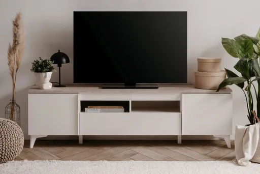 TV-Lowboard - B ca. 177 cm, Weiß, Sandstein Nachbildung